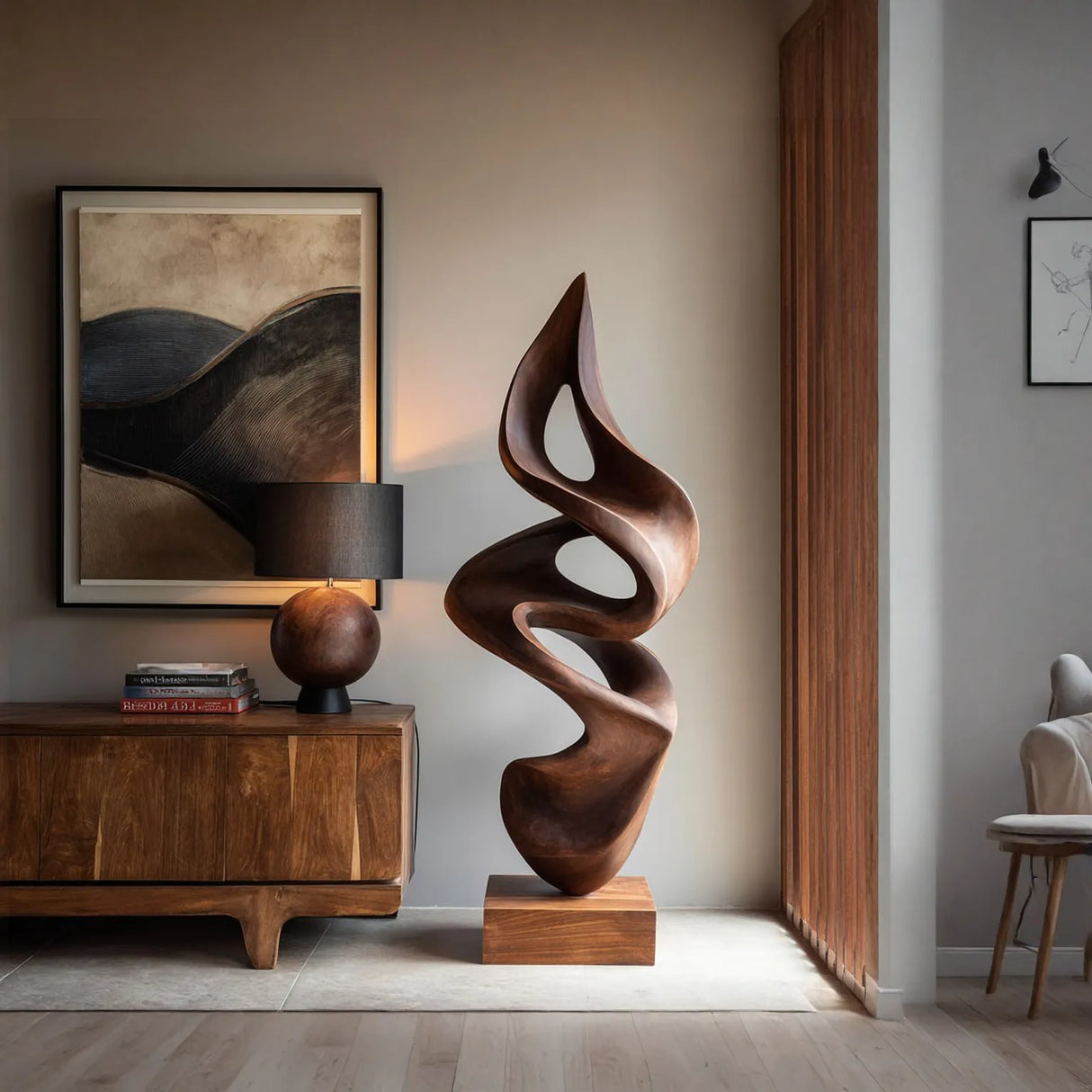 Hand-Carved Abstract Solid Wood Sculpture for Modern Living Spaces