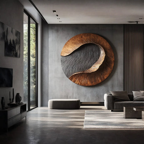 Modern Round Solid Wood Carving Wall Sculpture for Living Room Interiors