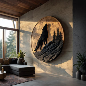 Contemporary Round Solid Wood Wolf Wall Sculpture for Living Room Interiors