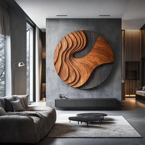 Contemporary Round Solid Wood Abstract Wall Sculpture for Interior Spaces