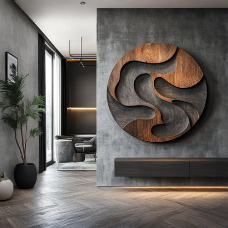 Modern Round Solid Wood Wall Sculpture for Interior Design