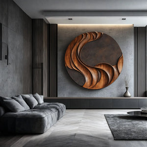 Handcarved Round Solid Wood Wall Sculpture for Contemporary Interiors