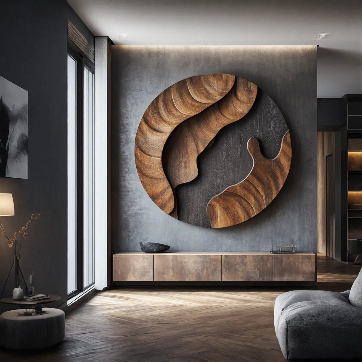 Contemporary Round Solid Wood Wall Sculpture for Modern Interiors
