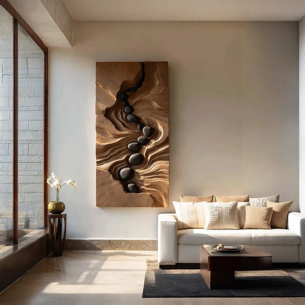 Organic Solid Wood River Flow Wall Sculpture Modern Carved Wall Panel
