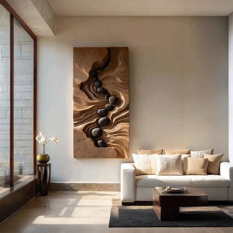 Wall Sculpture Solid Wood River Flow Carved Panel for Living Room