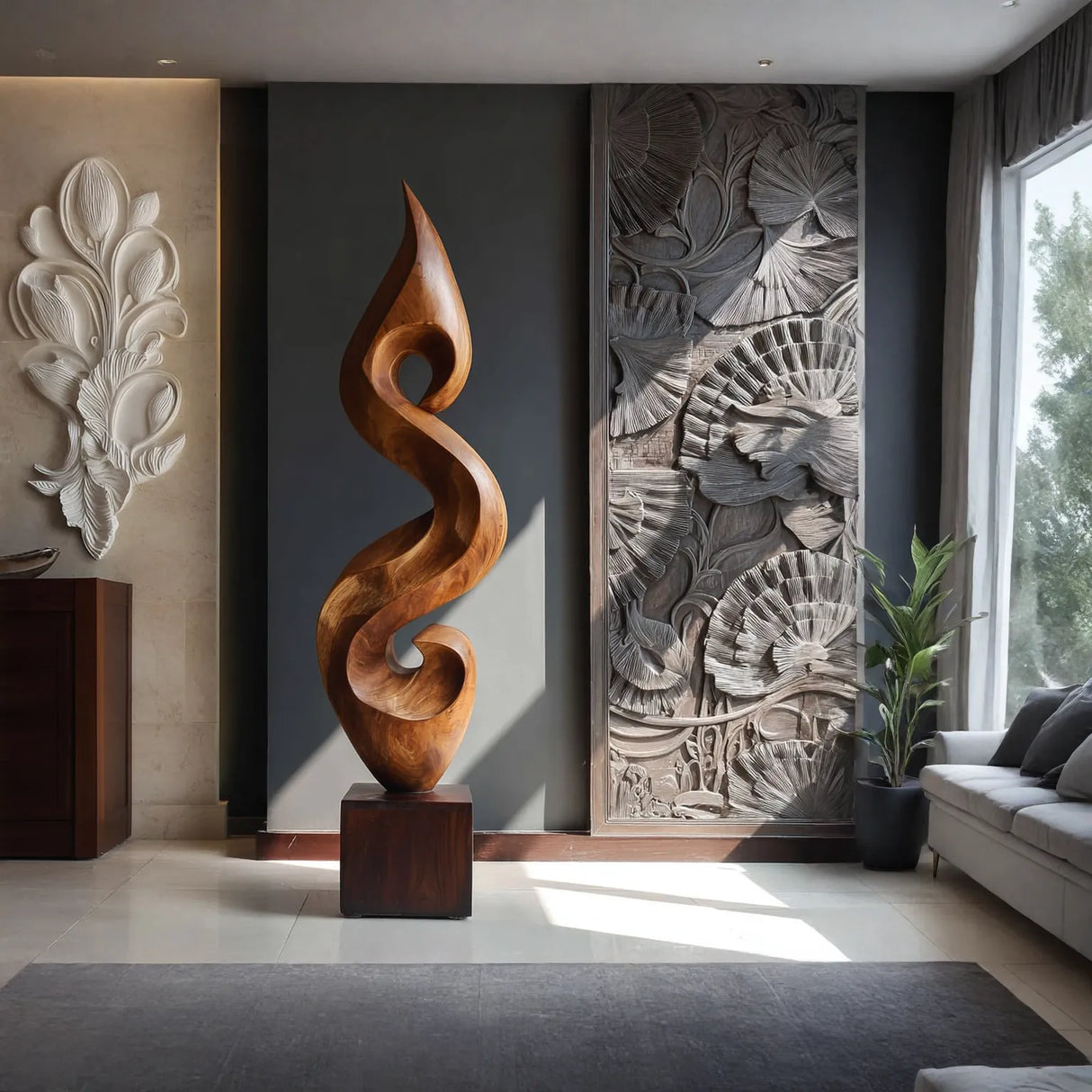 Hand-Carved Organic Flame-Form Solid Wood Sculpture for Modern Interior Spaces