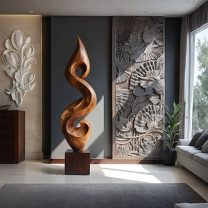 Hand-Carved Organic Flame-Form Solid Wood Sculpture for Modern Interior Spaces