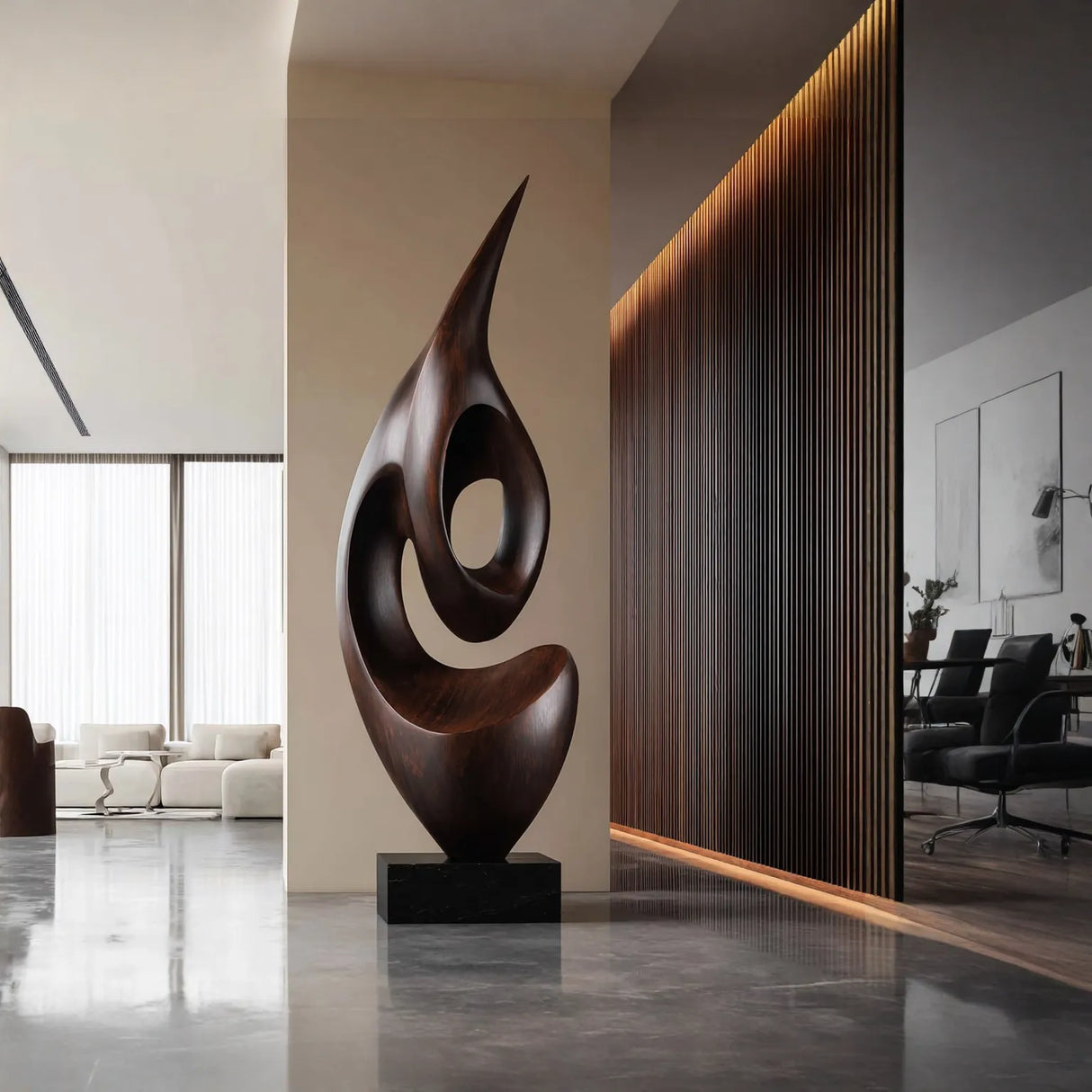 Organic Solid Wood Abstract Flame Sculpture for Living Rooms