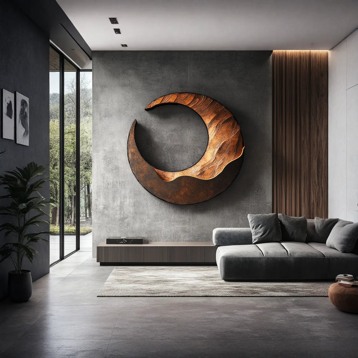 Large Solid Wood Crescent Wall Sculpture for Modern Living Rooms