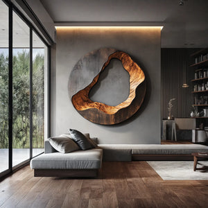 Modern Organic Round Solid Wood Wall Sculpture Large Statement Wall Art Decor