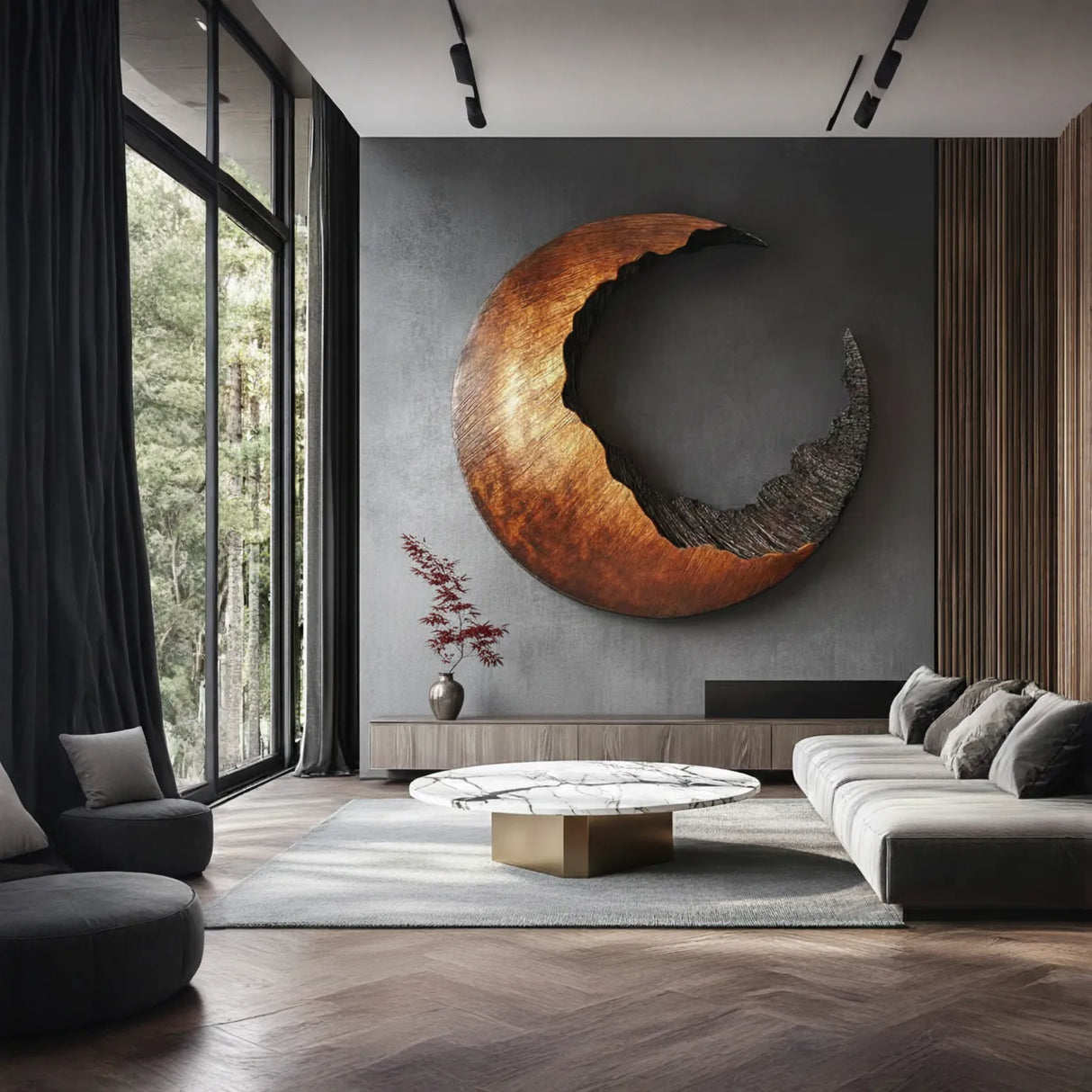 Abstract Crescent Solid Wood Wall Sculpture for Living Room