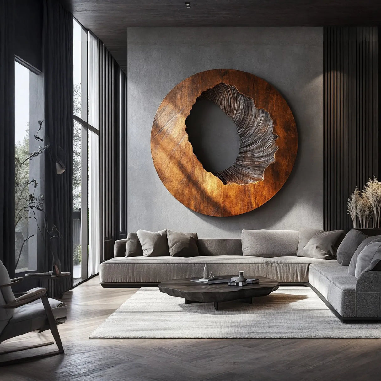 Round Textured Solid Wood Wall Sculpture for Living Room