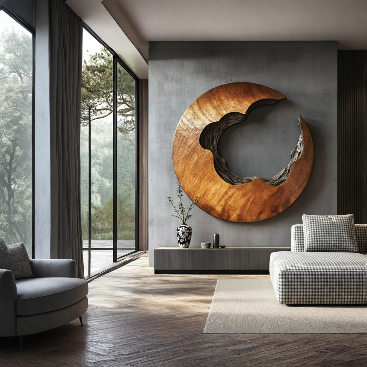Round Abstract Solid Wood Wall Sculpture for Modern Living Spaces