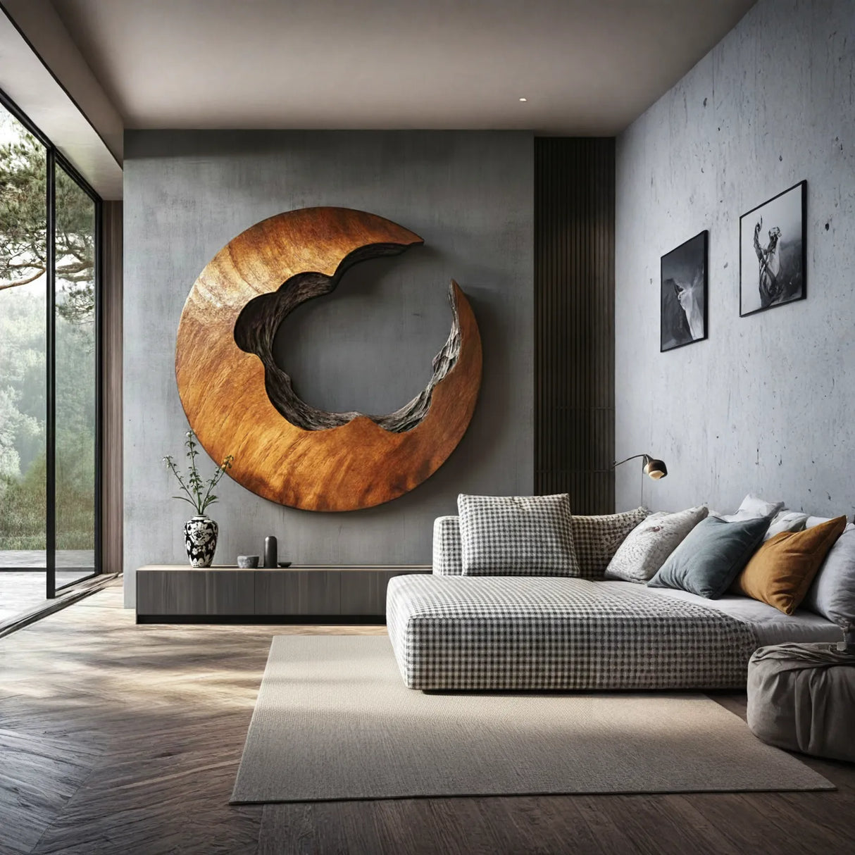 Round Abstract Solid Wood Wall Sculpture for Modern Living Spaces