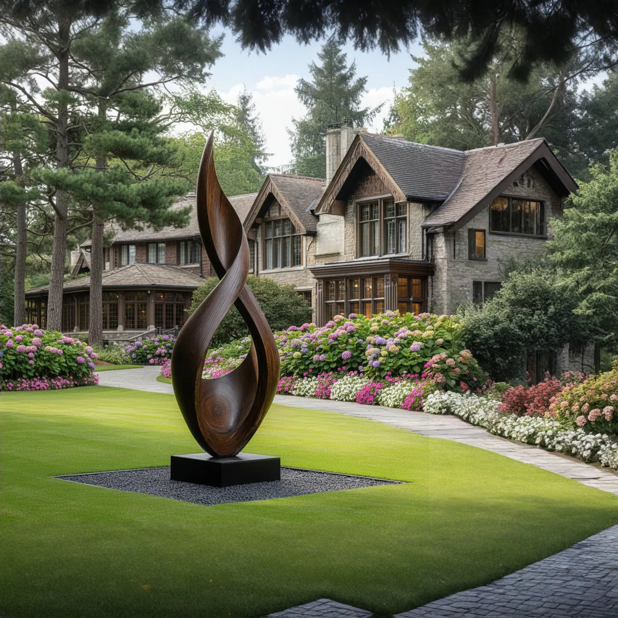 Abstract Twisting Solid Wood Outdoor Garden Sculpture on Base