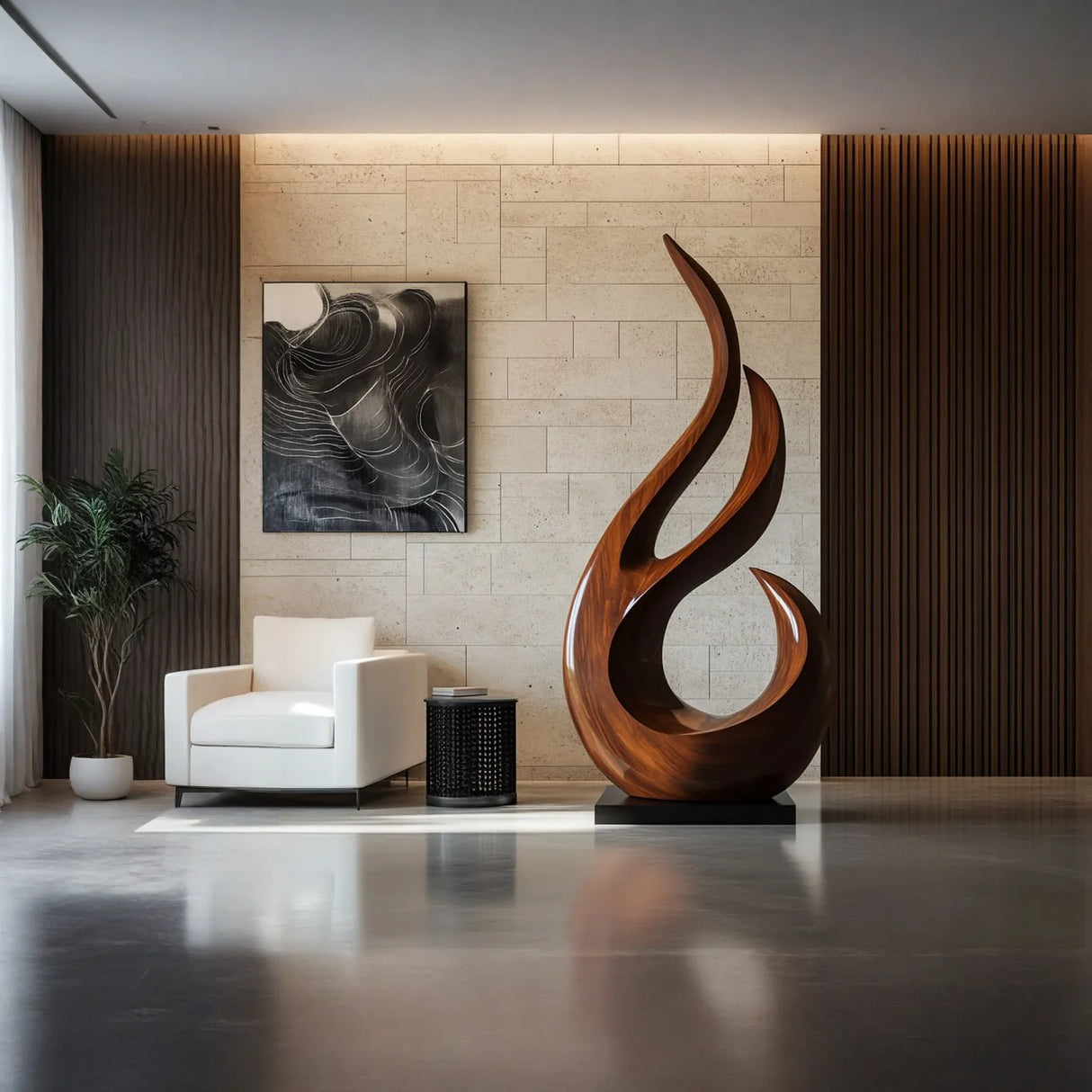 Tall Flame Inspired Solid Wood Floor Sculpture for Modern Living Spaces