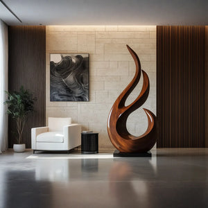 Tall Flame Inspired Solid Wood Floor Sculpture for Modern Living Spaces