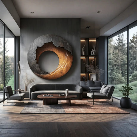 Abstract Circular Solid Wood Wall Sculpture with Open Center for Modern Interiors