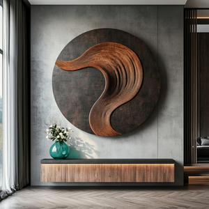 Round Solid Wood Wall Art with Sculptural Curved Relief