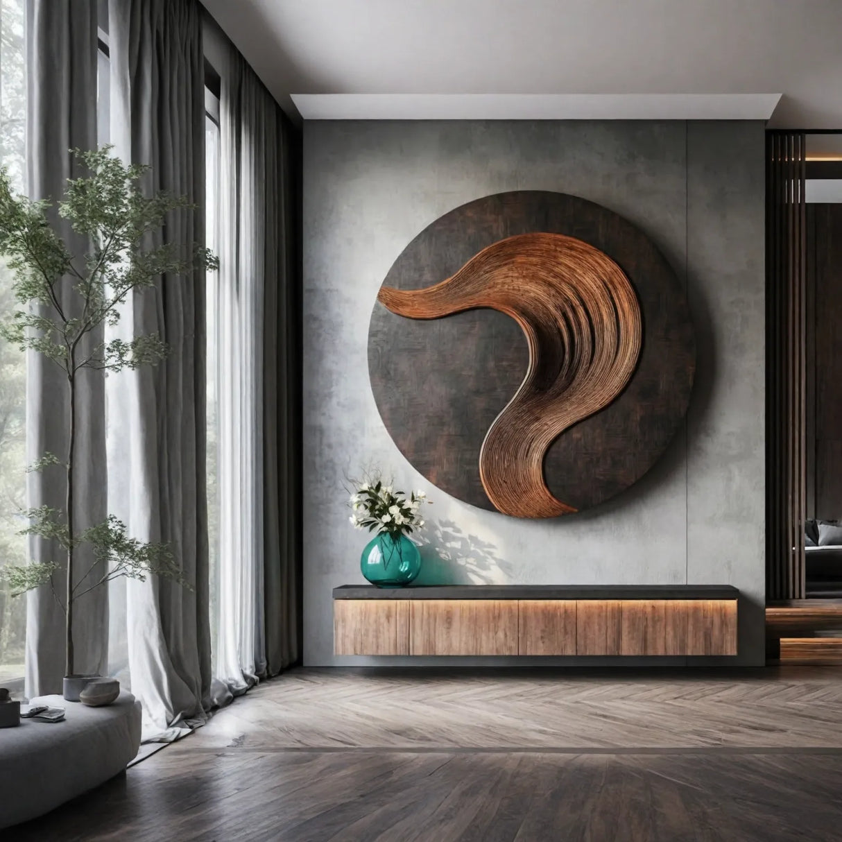 Round Solid Wood Wall Art with Sculptural Curved Relief