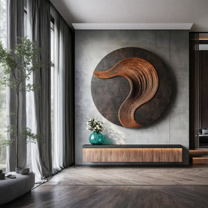 Round Solid Wood Wall Art with Sculptural Curved Relief