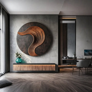 Round Solid Wood Wall Art with Sculptural Curved Relief