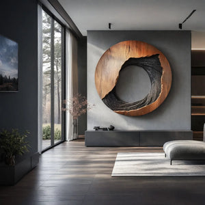 Round Wood Wall Sculpture with Open Center and Textured Carved Detail