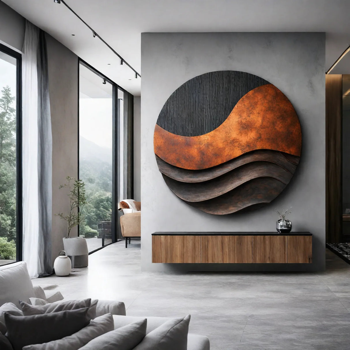 Round Layered Wall Sculpture with Wave Form Relief