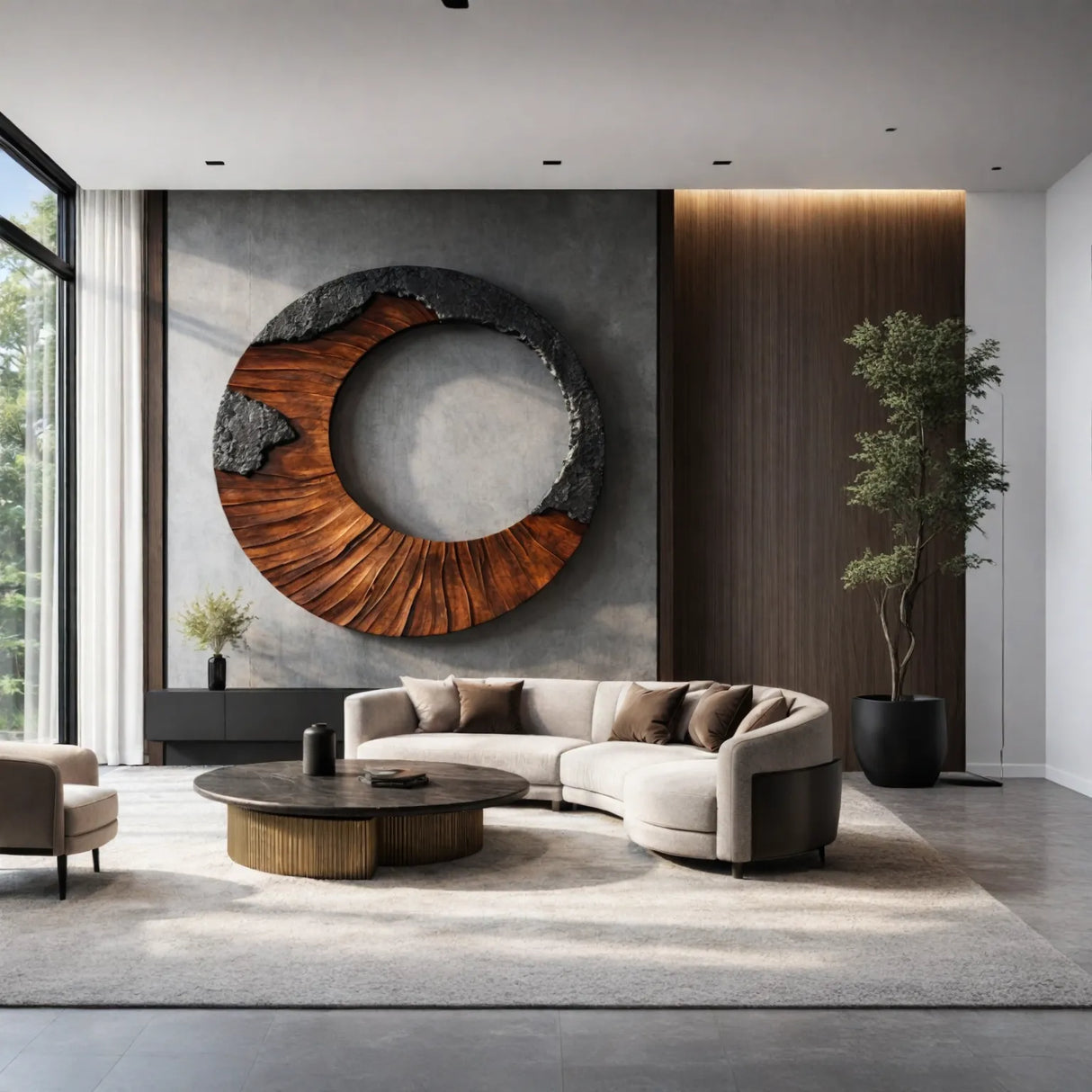 Round Solid Wood Wall Sculpture with Open Center and Textured Contrast