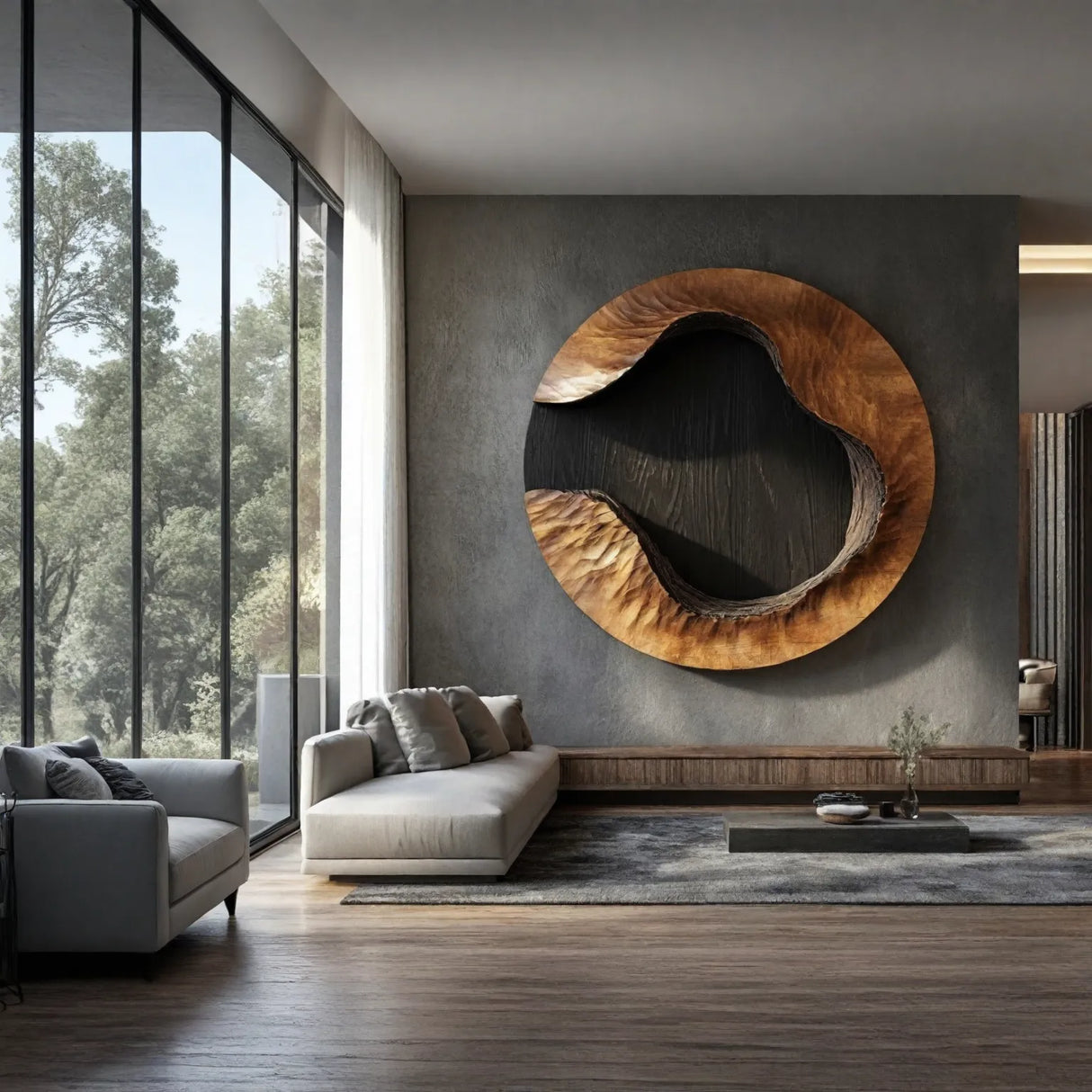 Large Organic Solid Wood Circular Wall Sculpture Modern Living Room Wall Art
