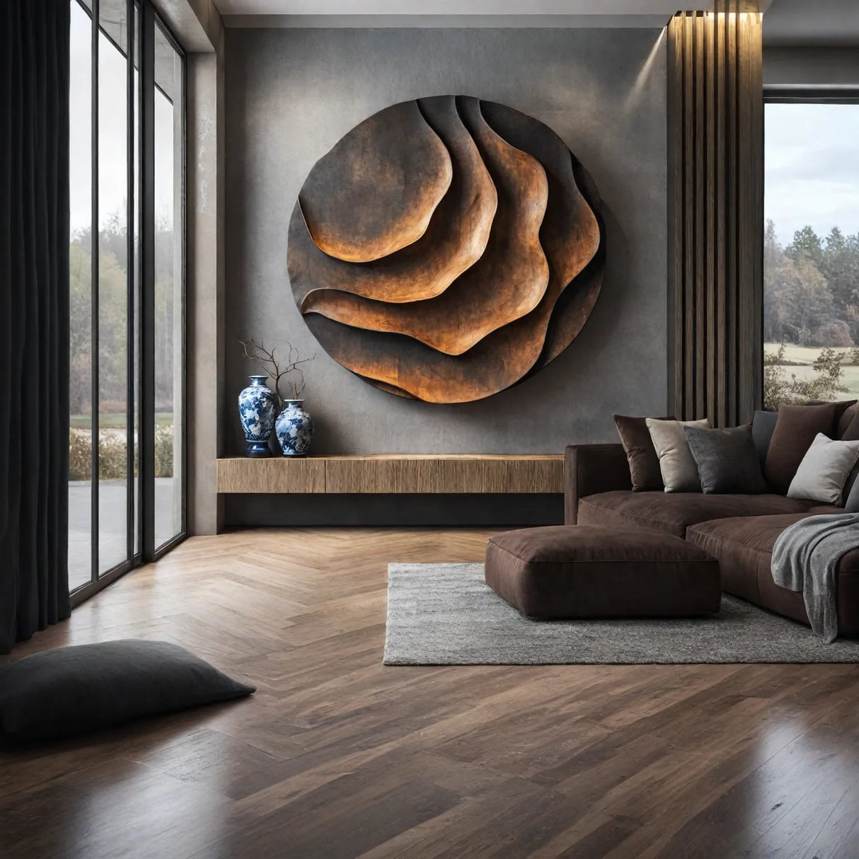 Round Solid Wood Layered Wall Art with Sculptural Relief Form
