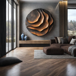 Round Solid Wood Layered Wall Art with Sculptural Relief Form