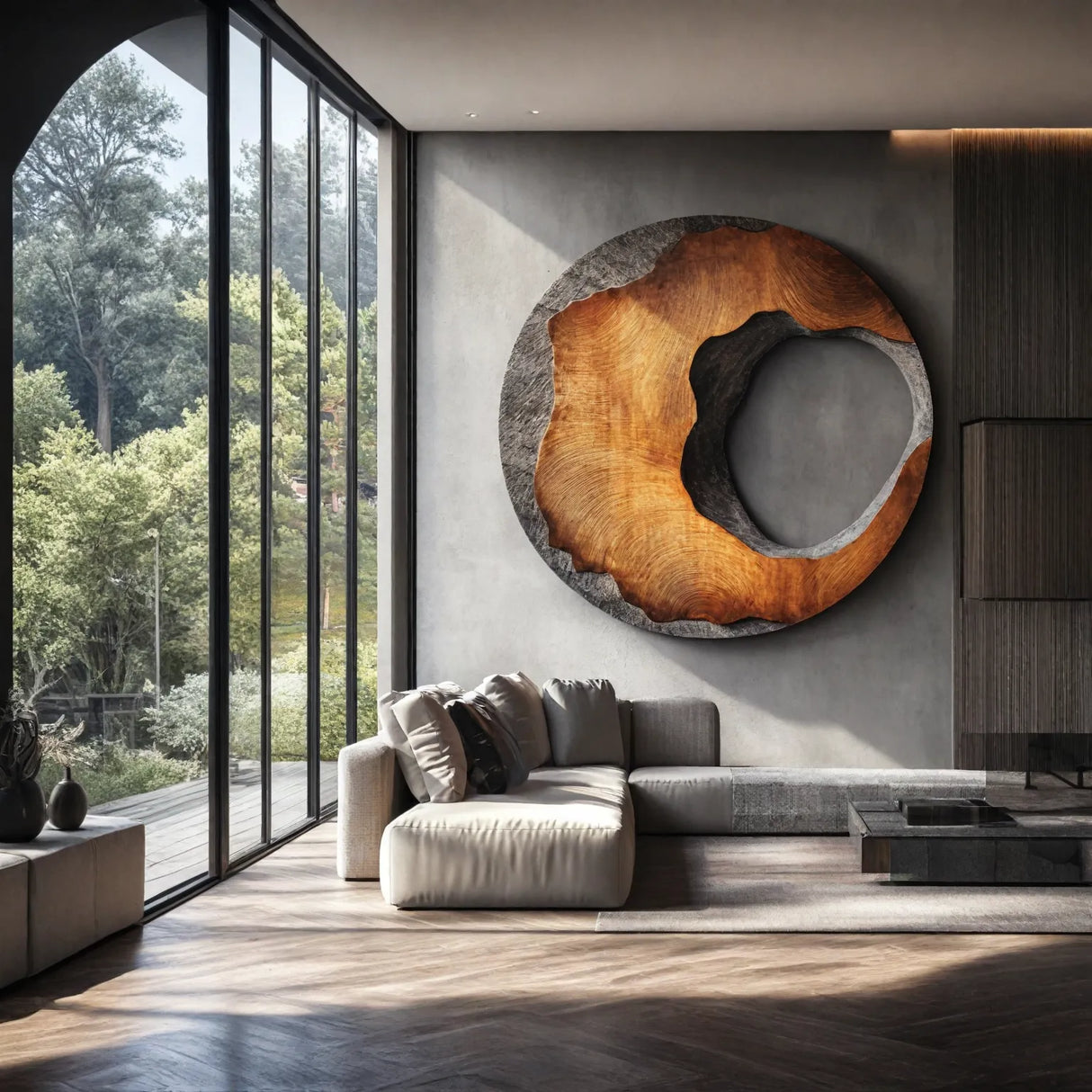 Eroded Edge Round Solid Wood Wall Sculpture for Modern Interiors