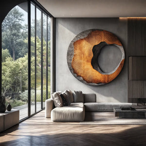 Eroded Edge Round Solid Wood Wall Sculpture for Modern Interiors