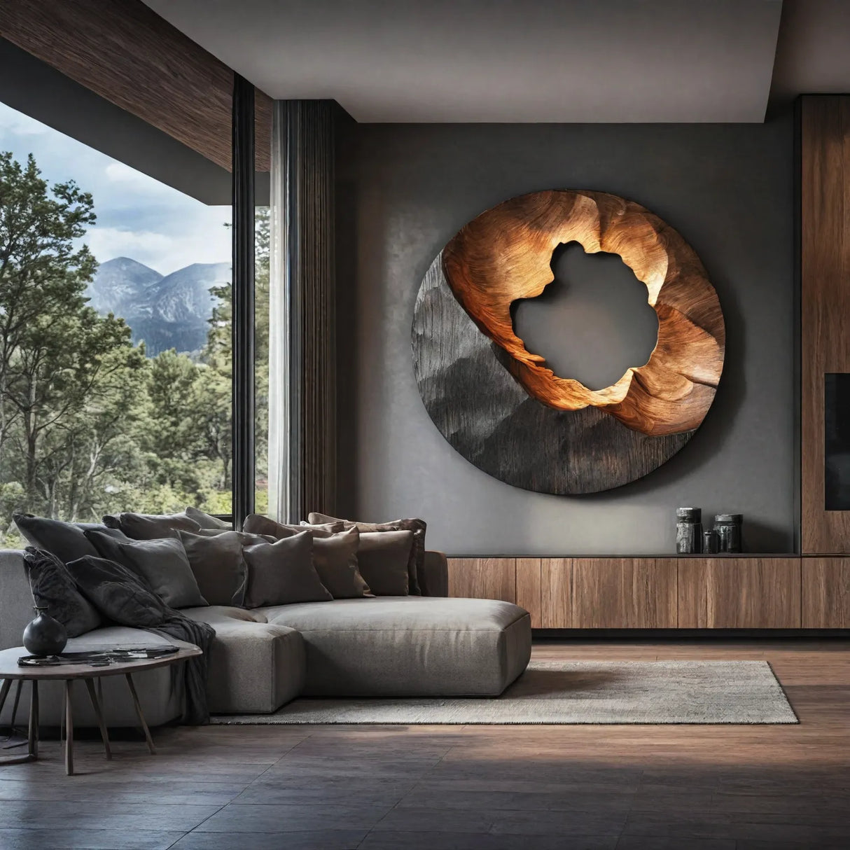 Organic Round Solid Wood Wall Sculpture with Carved Void for Living Room