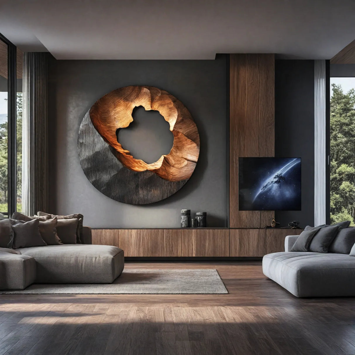 Organic Round Solid Wood Wall Sculpture with Carved Void for Living Room