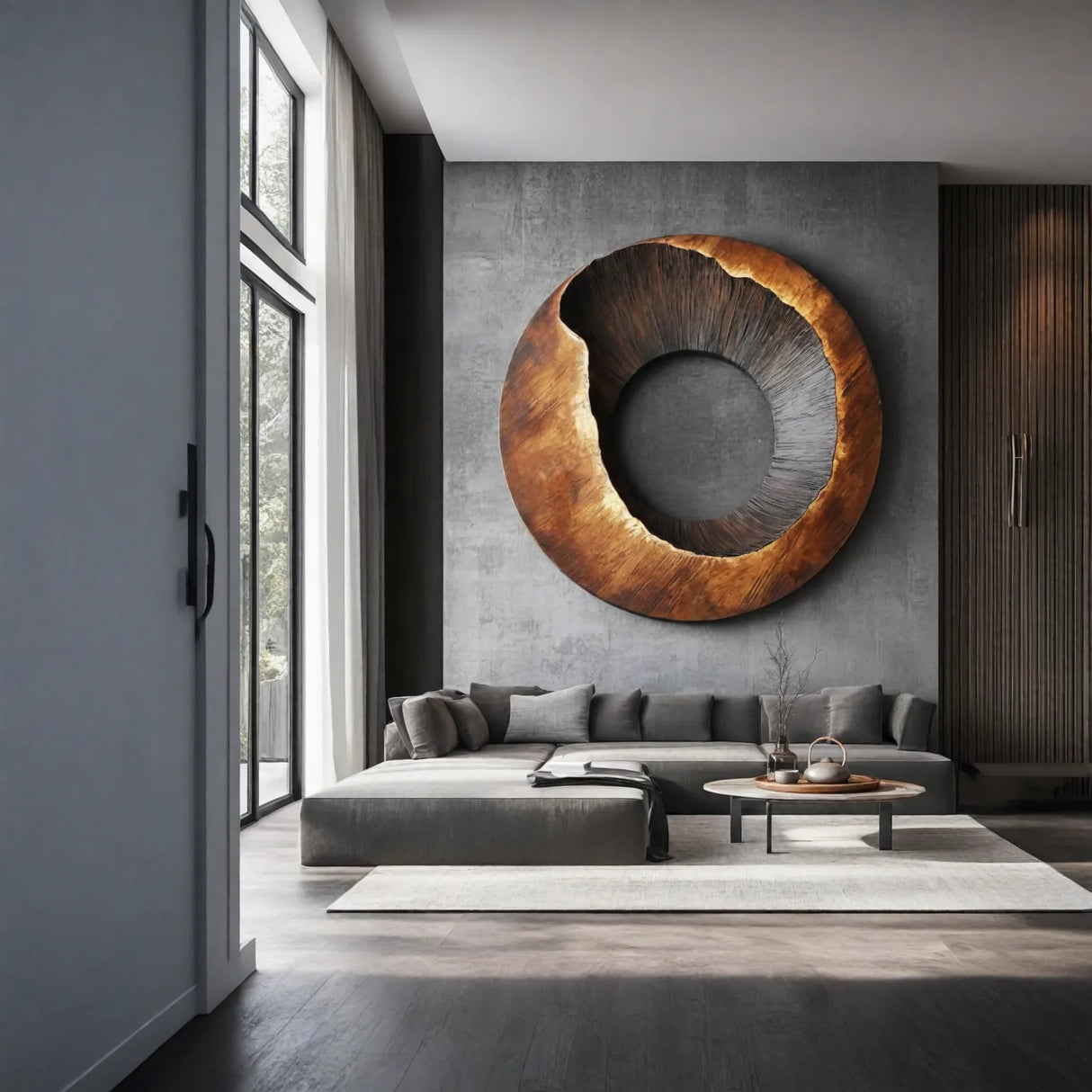 Round Wood Wall Sculpture with Open Center and Carved Interior Texture