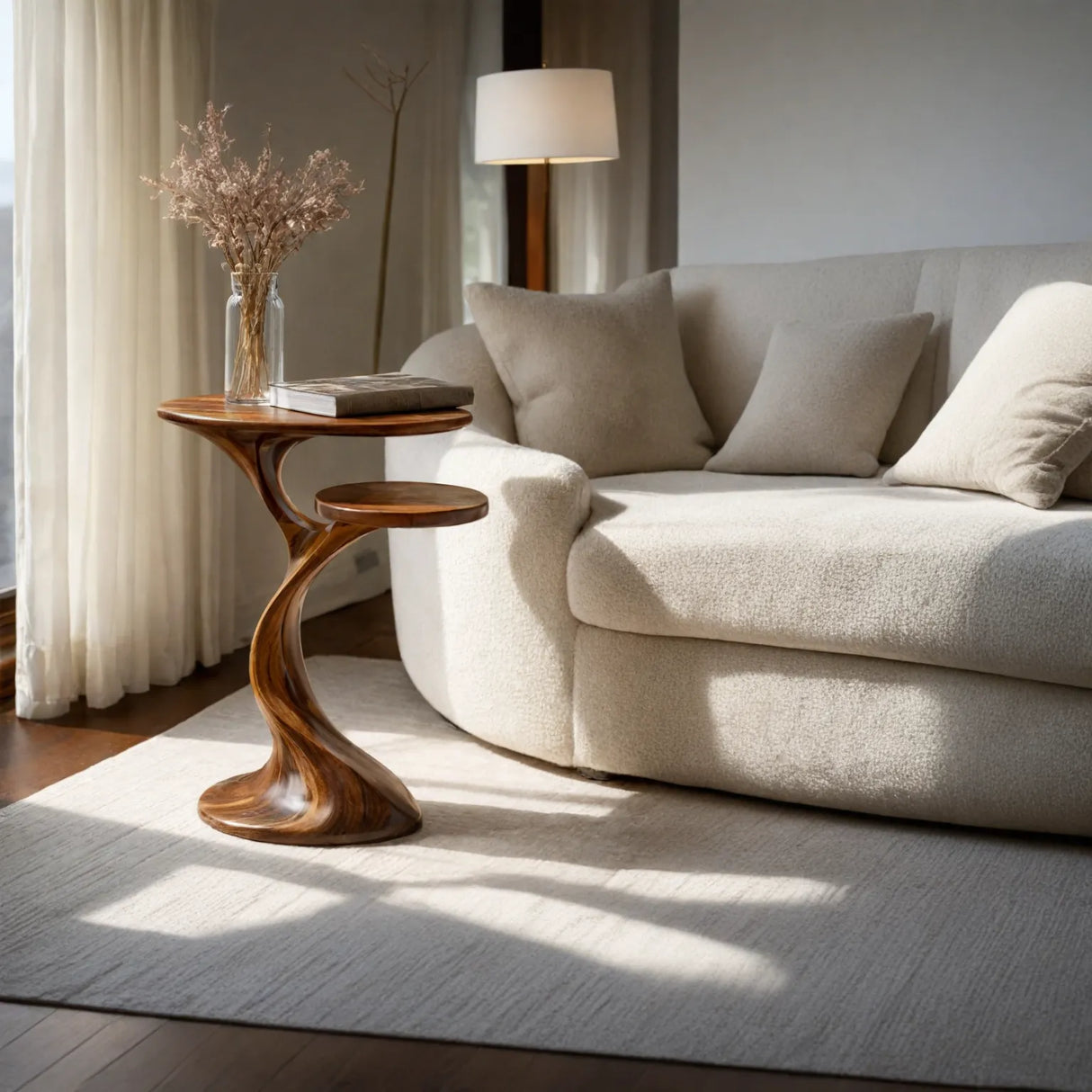 Solid Wood Two Tier Side Table Modern Sculpted Accent for Living Room Interior