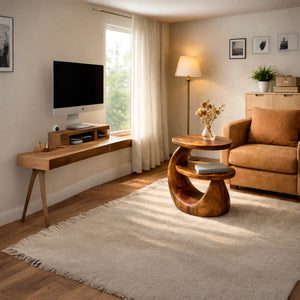 Sculptural Solid Wood Two Tier Side Table for Living Room