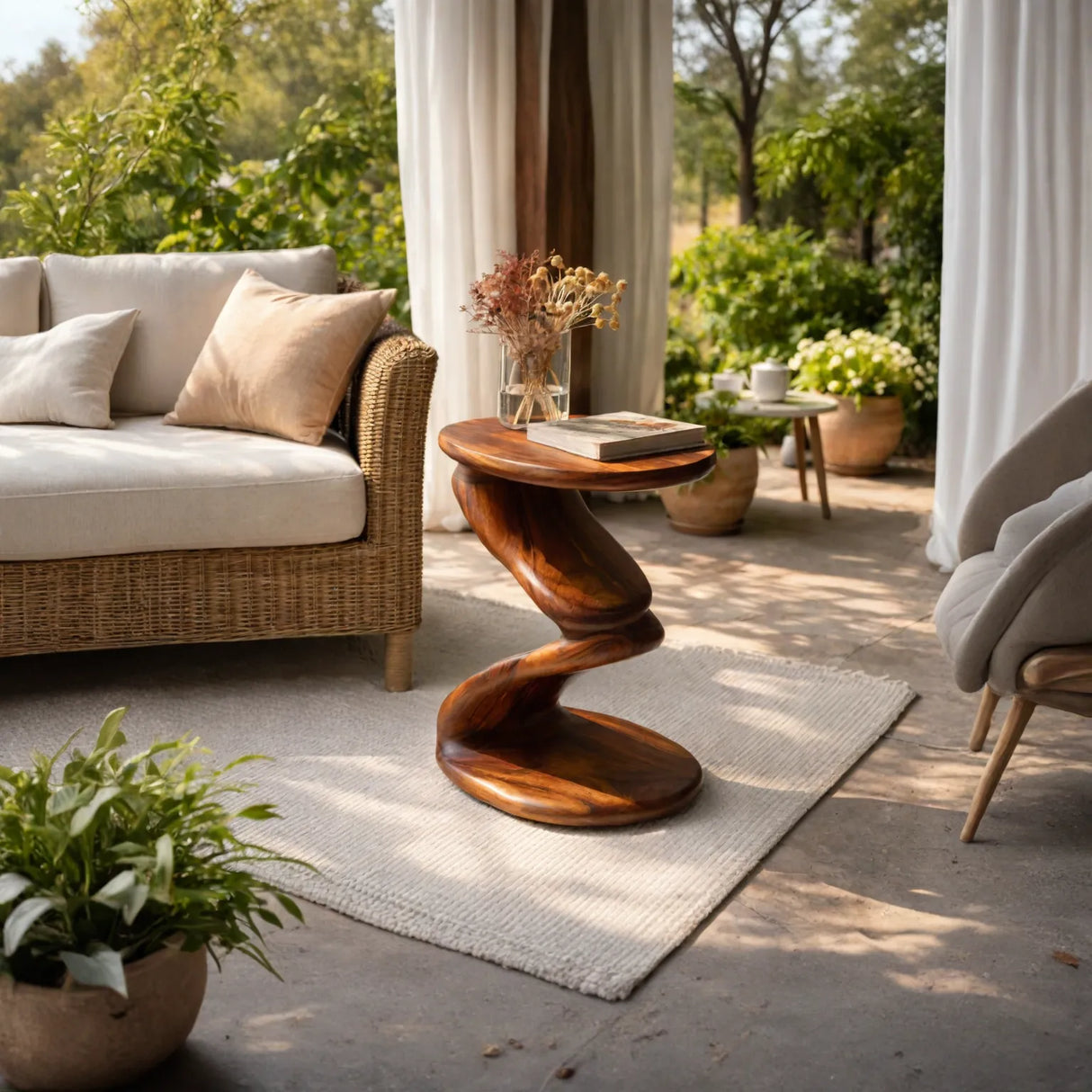 Curved Solid Wood Side Table with Sculptural Pedestal