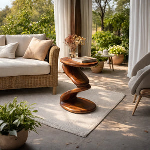 Curved Solid Wood Side Table with Sculptural Pedestal