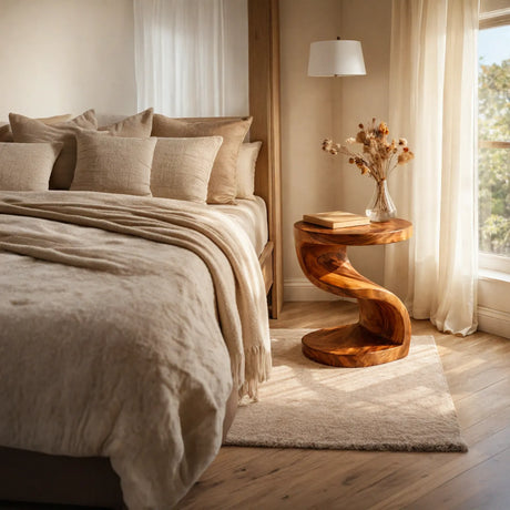Organic Solid Wood Side Table with S Shaped Base for Modern Living Room