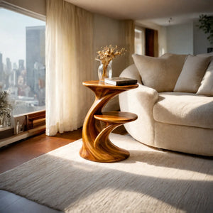 Sculptural Two Tier Solid Wood Side Table for Living Room and Reading Corner