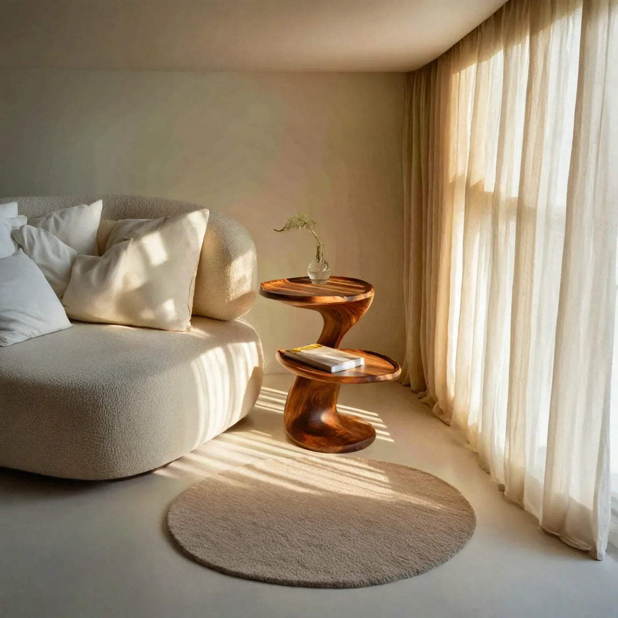 Two Tier Solid Wood Side Table for Living Room or Bedroom Sculptural Accent
