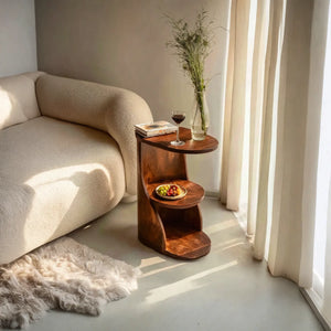 Curved Two Tier Solid Wood Side Table with Open Storage Shelf for Living Room Use