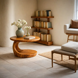 Round Sculptural Solid Wood Side Table for Living Room Decor