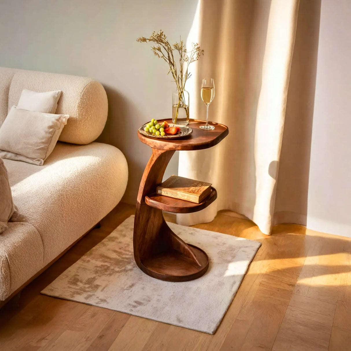 Curved Two Level Solid Wood Side Table for Living Room Decor