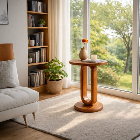 Oval Loop Solid Wood Side Table Round Top Pedestal for Living Room Decor