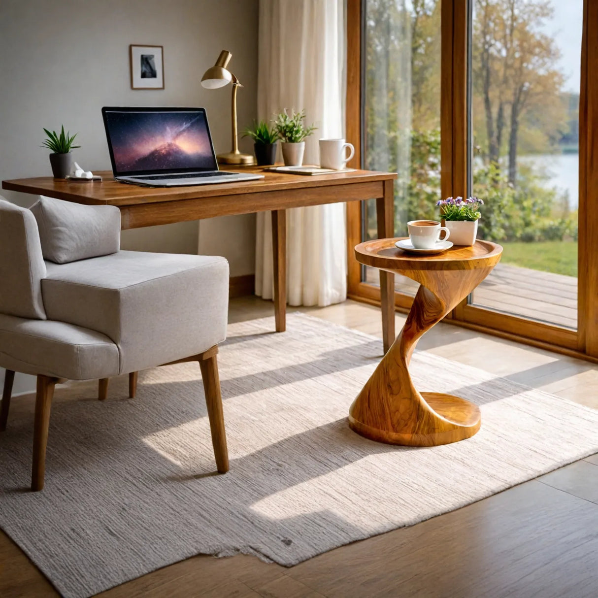 Spiral Pedestal Solid Wood Side Table with Tray Top for Living Room Decor