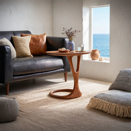 Loop Base Solid Wood Side Table with Round Top for Living Room Decor